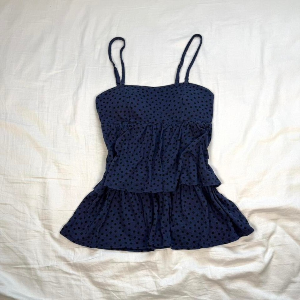 Vintage y2k American Eagle navy blue & black polka dots tiered babydoll tank top